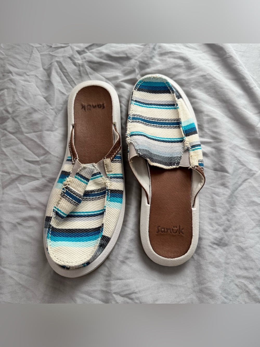 Sanuk Striped Slide Sandals in Teal, Navy & Cream